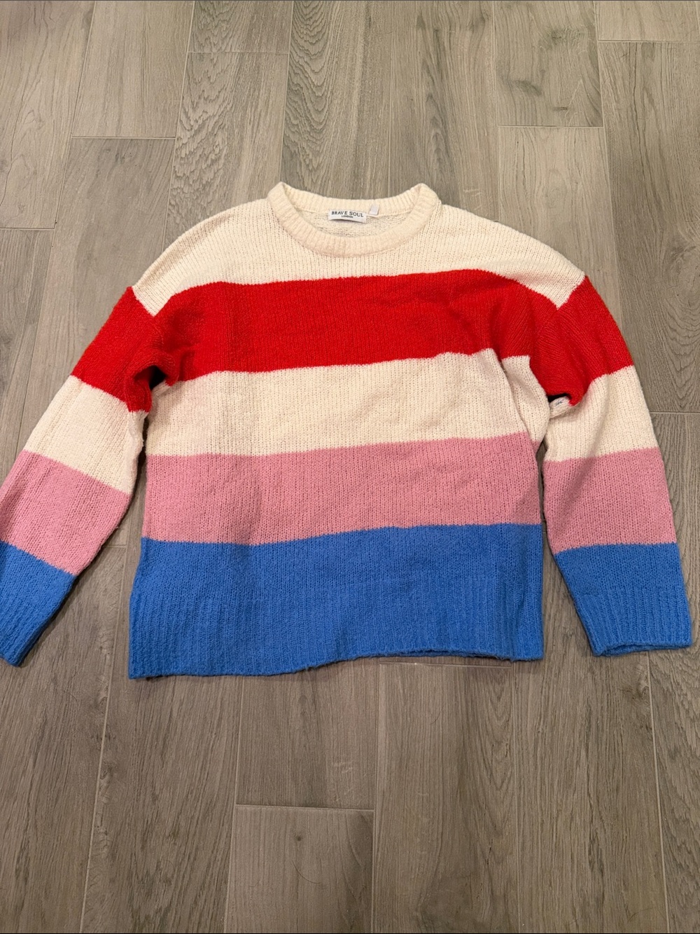 Brave Soul Women’s Striped Crewneck Sweater in Red, Cream, Pink & Blue Size M